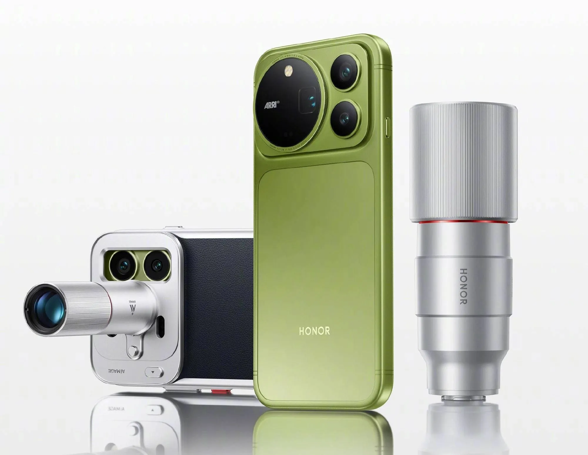 HONOR Magic9 Pro Max moss-green render with ARRI camera island and optional teleconverter kit