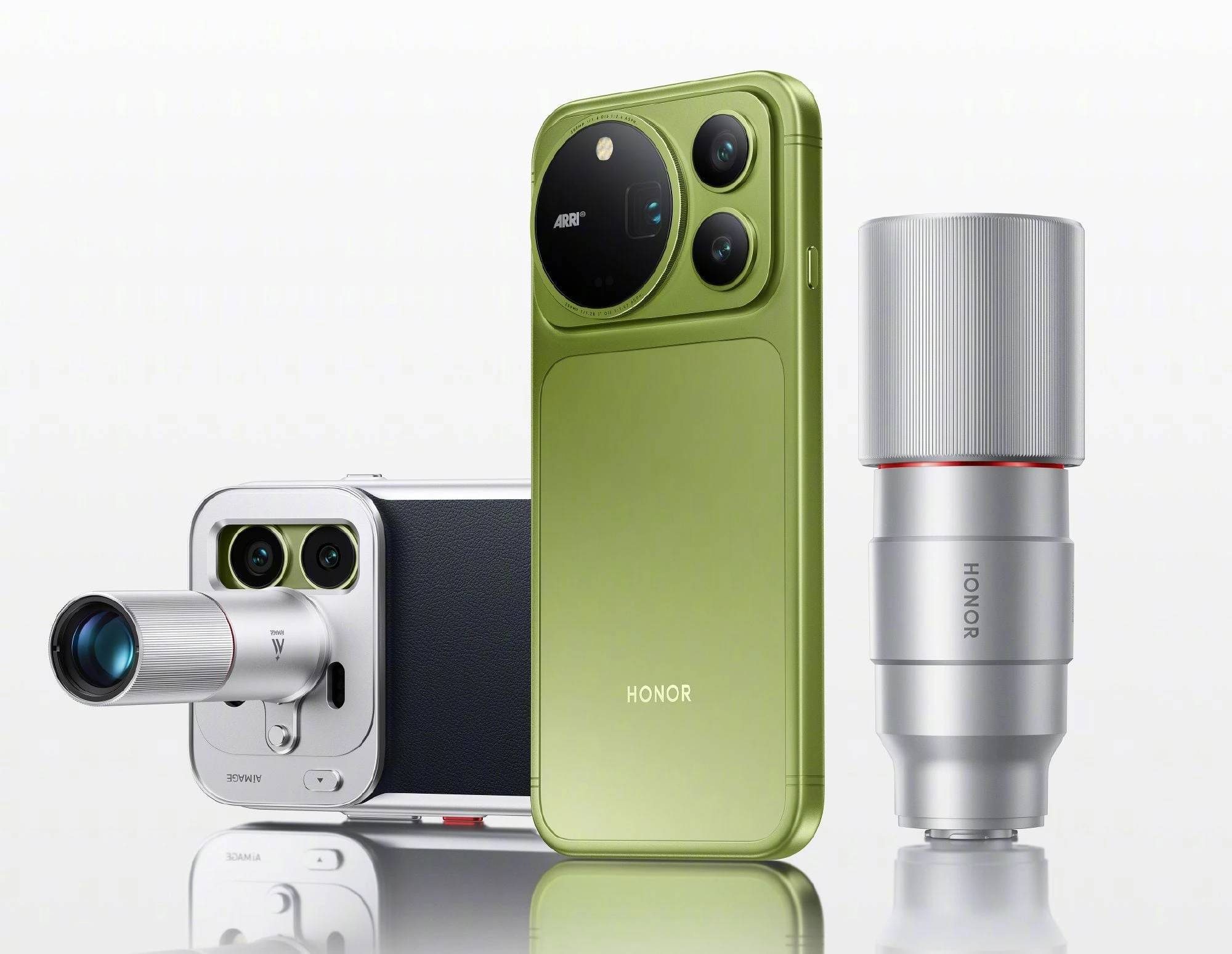 HONOR Magic9 Pro Max moss-green render with ARRI camera island and optional teleconverter kit