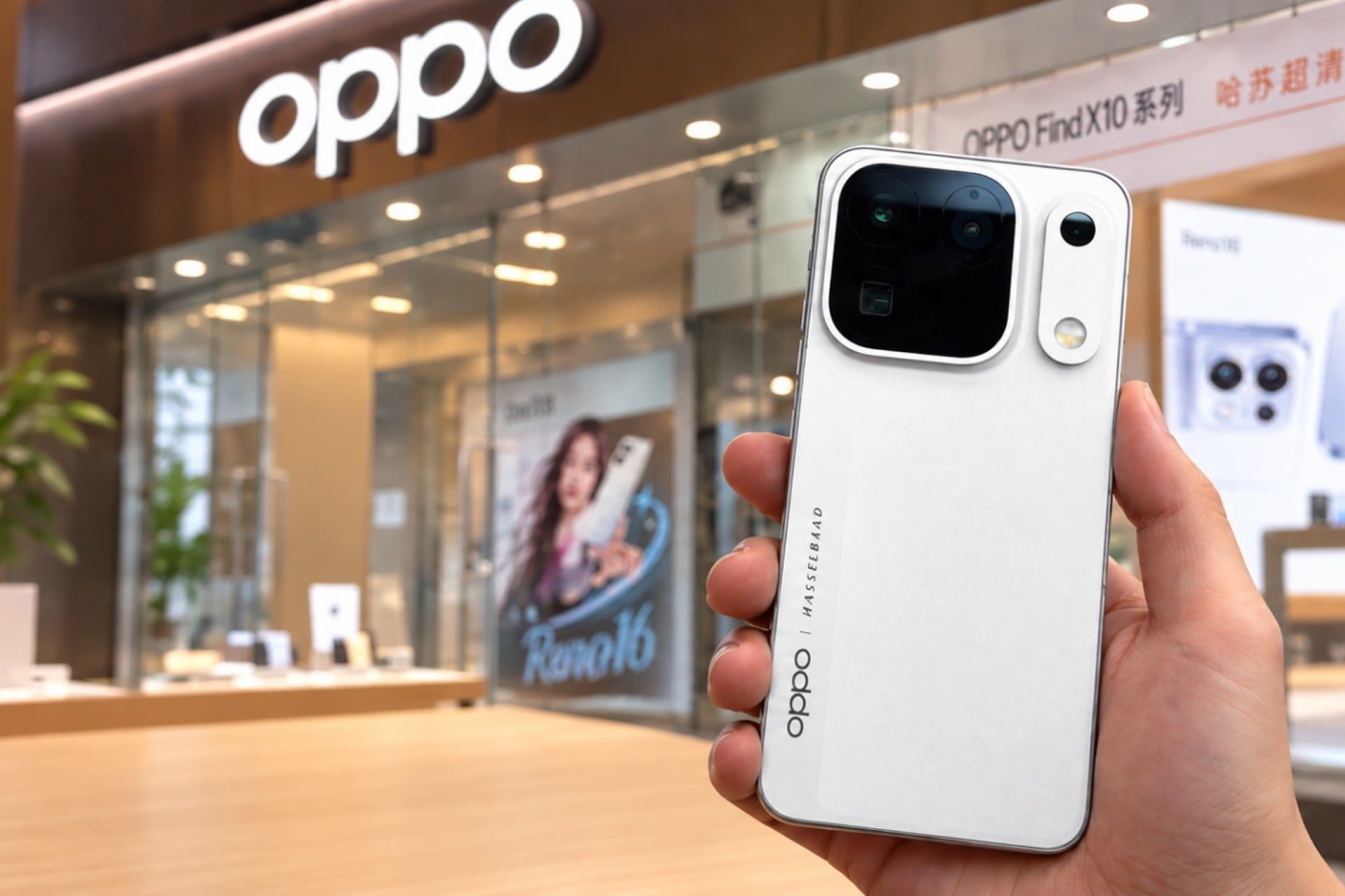 Leaked hands-on photo of a white OPPO Find X10 Pro Max held in a China store — square camera island and separate flash pill
