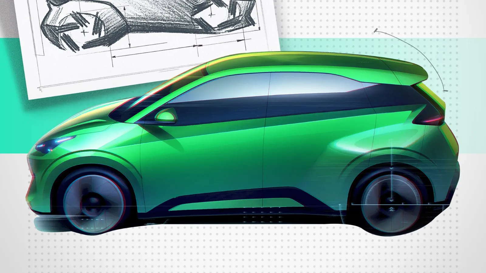 BYD second-generation Seagull design teaser sketch showing the larger hatchback profile