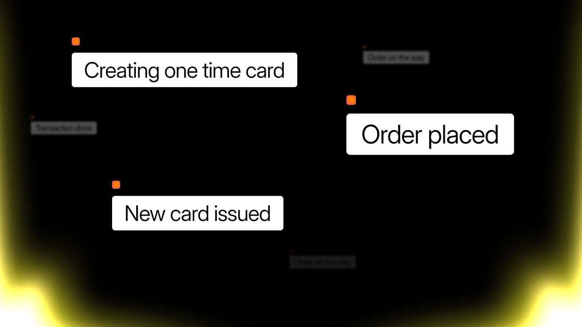 Agentcard flow chips: creating one time card, new card issued, order placed, order on the way