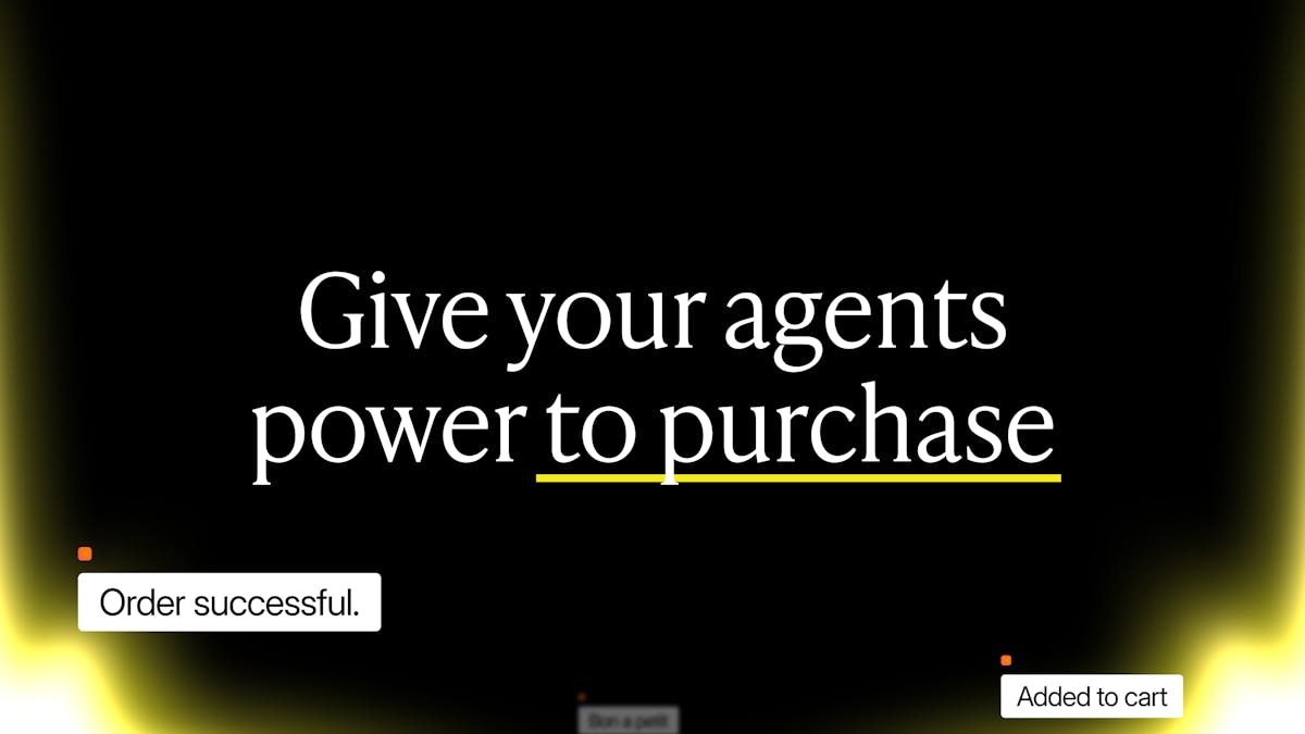 Agentcard tagline: Give your agents power to purchase, with order successful and added to cart status chips