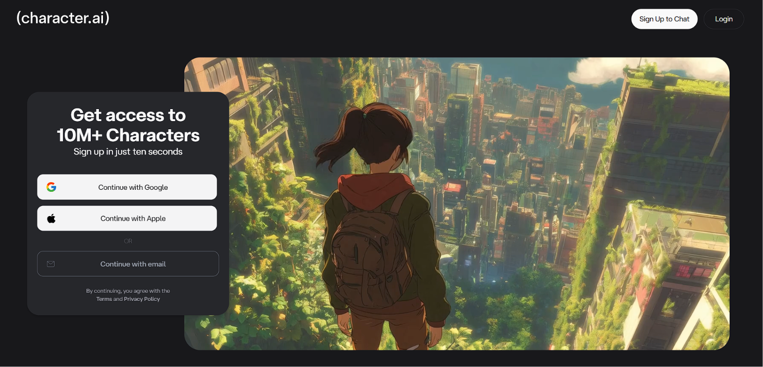 Character.ai homepage: Get access to 10M+ Characters, sign up in ten seconds with Google, Apple, or email