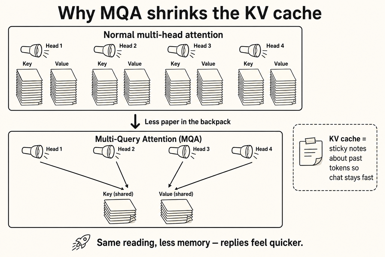 Diagram of Multi-Query Attention: many attention heads share one Key/Value cache instead of each head storing its own, shrinking the sticky-note box