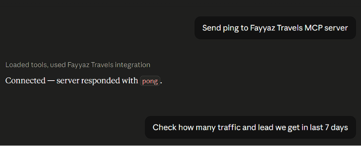 Claude chat: ping Fayyaz Travels MCP server, gets pong, then asks for traffic and leads in the last 7 days
