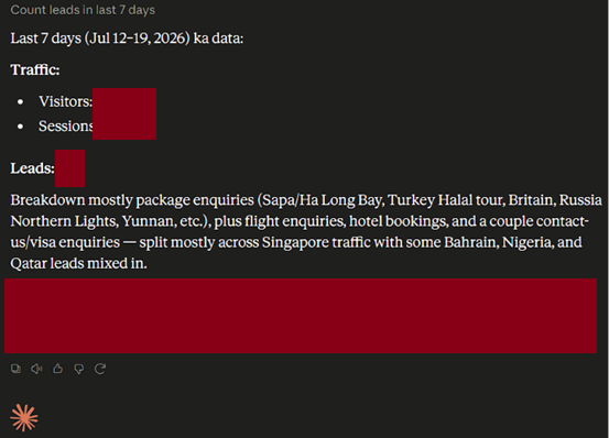 Claude reply summarizing last 7 days traffic and leads from MCP, with numeric values redacted