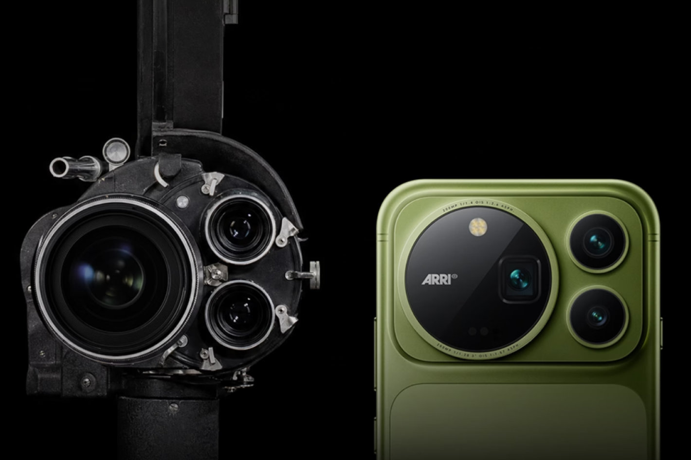 HONOR Magic9 Pro Max moss green back next to a classic ARRI turret cinema camera
