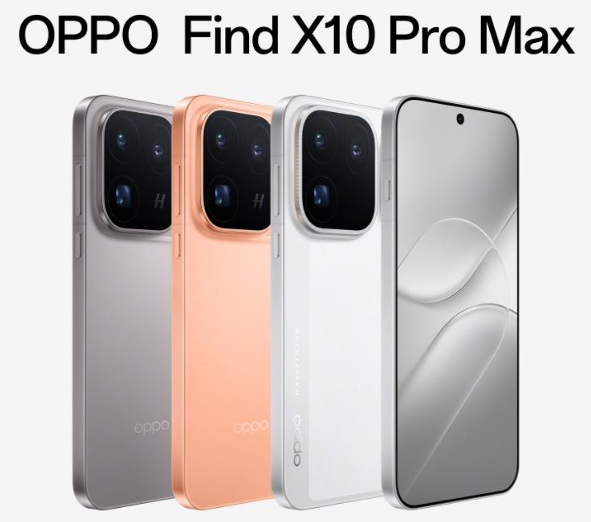 OPPO Find X10 Pro Max official-style colour renders in grey, orange, white and front view