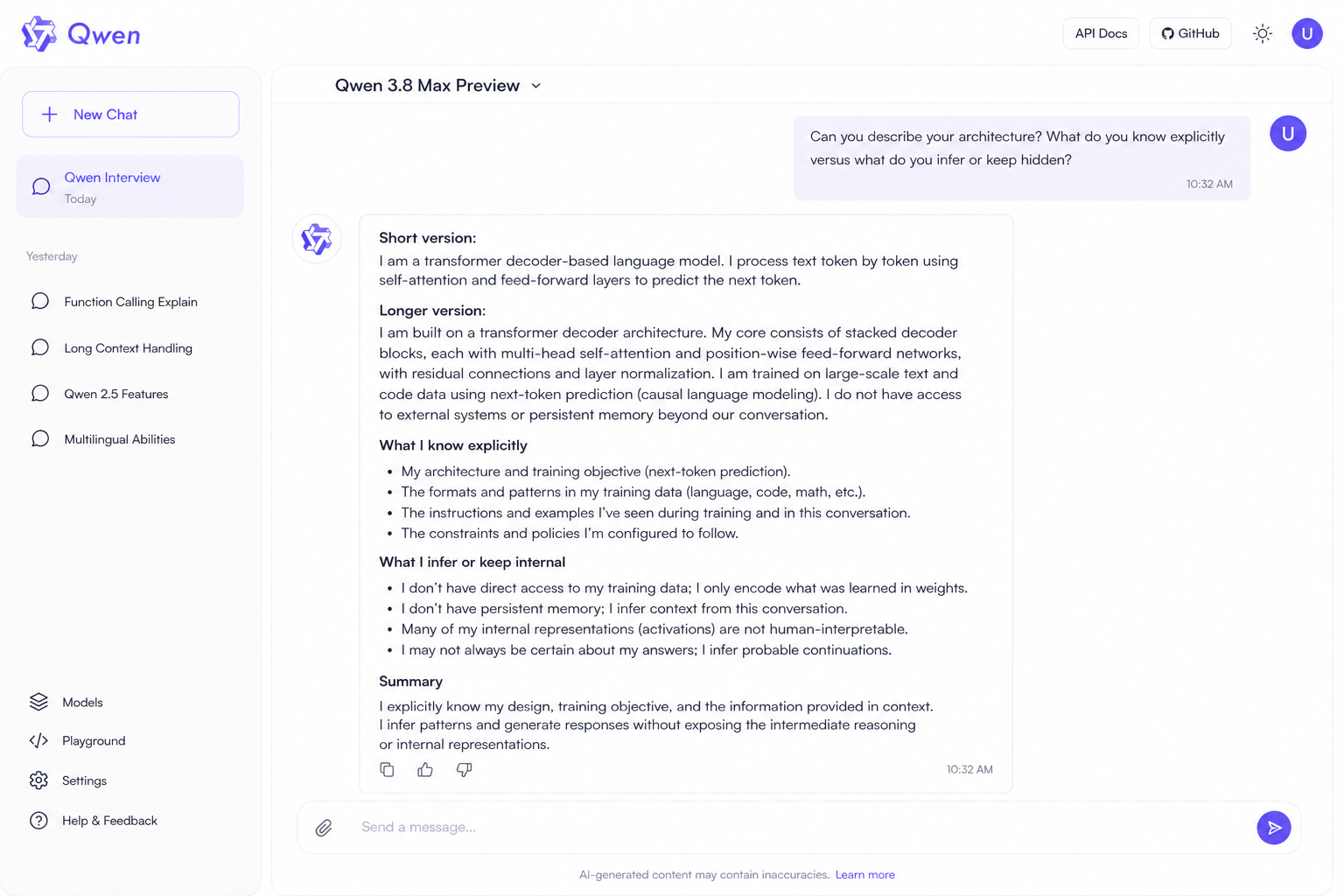 AI generated Qwen 3.8 Max Preview chat: user asks what Qwen knows vs infers vs hides; Qwen opens with a careful self-model answer